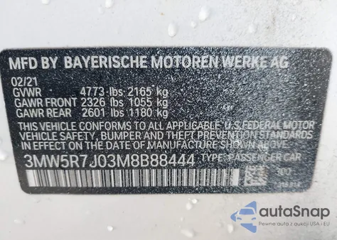 2021 BMW 330I xDrive z USA, uszkodzony, nr VIN 3MW5R7J03M8B88444